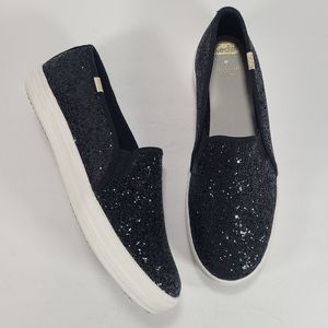 black glitter slip ons